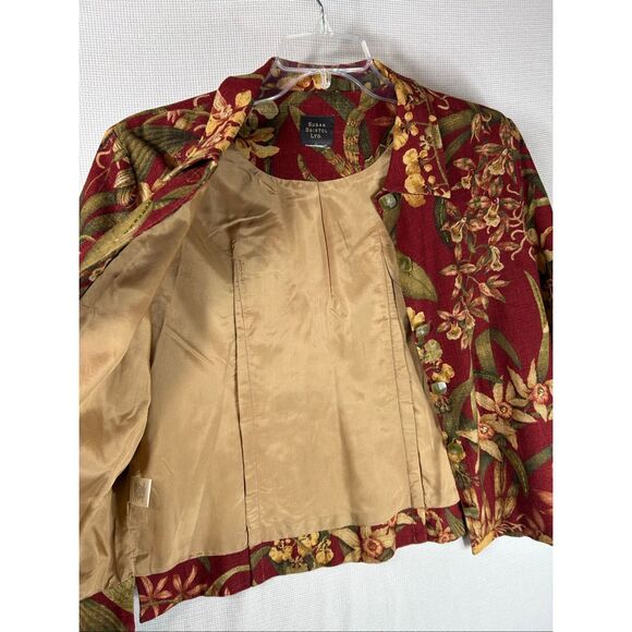 Susan Bristol Floral Linen Blend Jacket Red Gold Green Botanical Blazer L - Picture 4 of 14